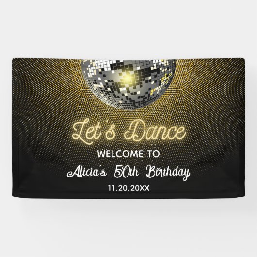 Gouden Halftoon Disco Ball Laten we dansen Verjaar Spandoek (Horizontaal)