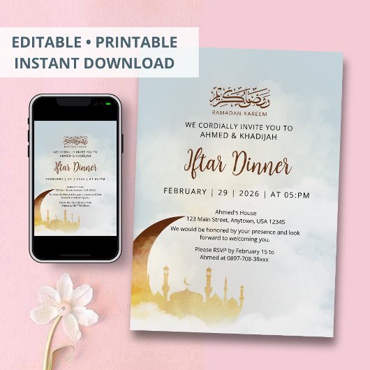 Gouden Halve Maan Moskee Silhouet Iftar Diner Kaart