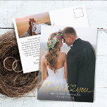 Gouden Hand Lettered Script Foto's Bruiloft Dank u Briefkaart<br><div class="desc">Elegante en eenvoudige bruiloft dank u sjabloon briefkaart met handgeschreven typografie script tekst met een hart tussen de woorden in faux gouden print. Voeg uw favoriete foto volledig afloopgebied in de voorkant en een andere foto in de achterkant met standaard bericht op de achterkant die bewerkbaar is.</div>