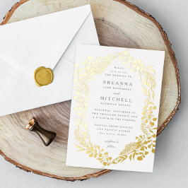 Gouden handgetekende varen eucalyptus bruiloft folie uitnodiging