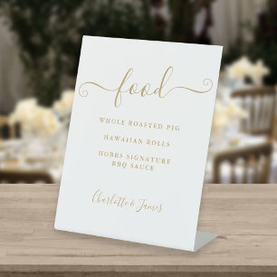 Gouden handtekening script voedselmenu reclamebord met voetstuk