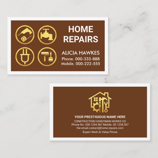 Gouden Handyman Gereedschap Bruin Lijst Visitekaartje (Voorkant / Achterkant)
