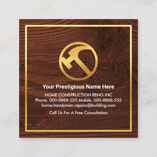 Gouden Handyman Gereedschap Huis Gebouw Vierkante Visitekaartje (Achterkant)