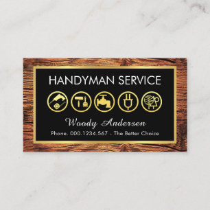 Gouden Handyman-gereedschap kader op hout Visitekaartje