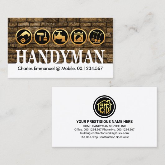 Gouden Handyman gereedschap op bakstenen muur Visitekaartje (Voorkant / Achterkant)