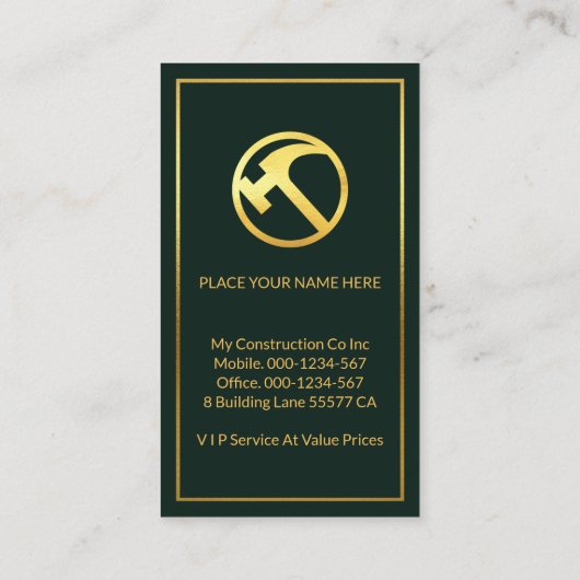 Gouden Handyman Gereedschap op Groen Goud Lijst Visitekaartje (Achterkant)