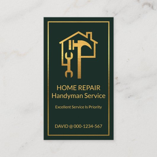 Gouden Handyman Gereedschap op Groen Goud Lijst Visitekaartje (Voorkant)