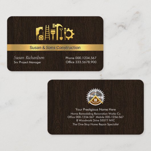 Gouden Handyman Gereedschap op Houtlaag Visitekaartje (Voorkant / Achterkant)