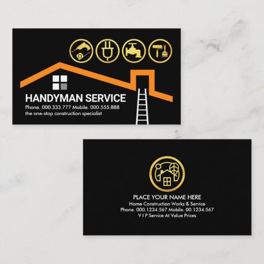 Gouden Handyman Gereedschap op Rooftop Building Visitekaartje (Voorkant / Achterkant)