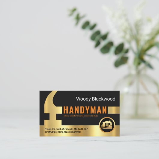 Gouden Handyman Hammer Home Reparaties Visitekaartje (Staand voorkant)