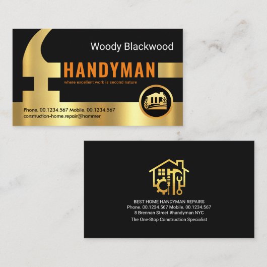 Gouden Handyman Hammer Home Reparaties Visitekaartje (Voorkant / Achterkant)