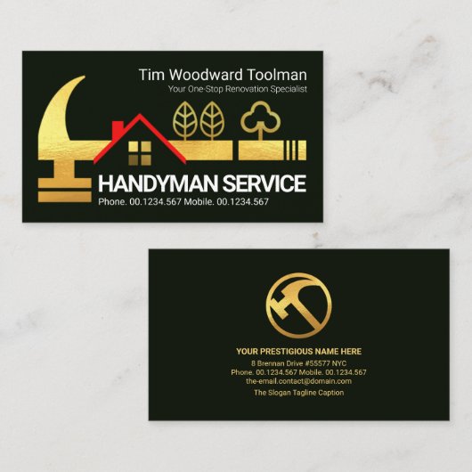 Gouden Handyman Hammer Rooftop Visitekaartje (Voorkant / Achterkant)