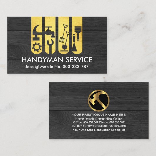 Gouden Handyman Tools Tab op zwart hout Visitekaartje (Voorkant / Achterkant)