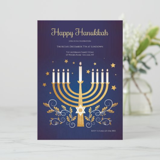 Gouden Hanukkah uitnodiging (Staand voorkant)