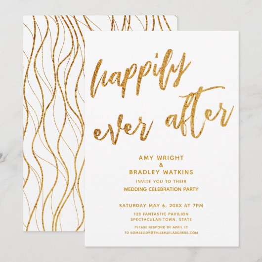 Gouden Happily Ever After Witte Trouwreceptie Kaart (Voorkant / Achterkant)