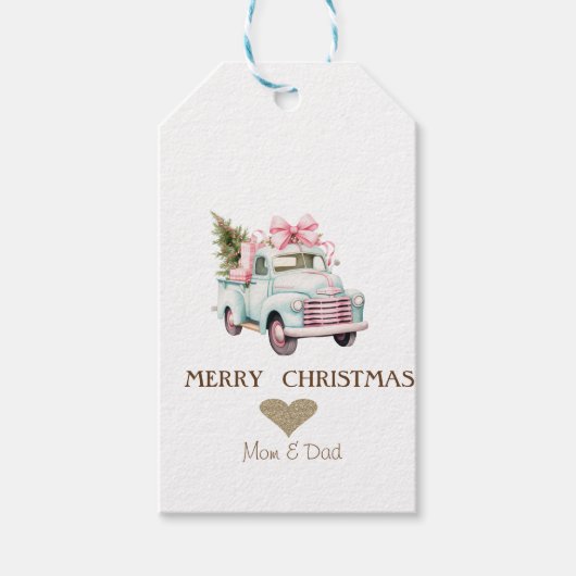 Gouden Hart, Blauwe Auto Dennenbomen Kerstmis Cadeaulabel (Voorkant)