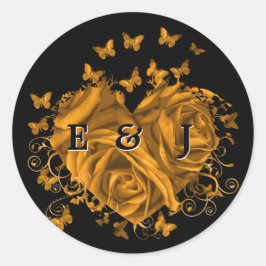 Gouden hart bruid & bruidegom vlinders wervelingen ronde sticker