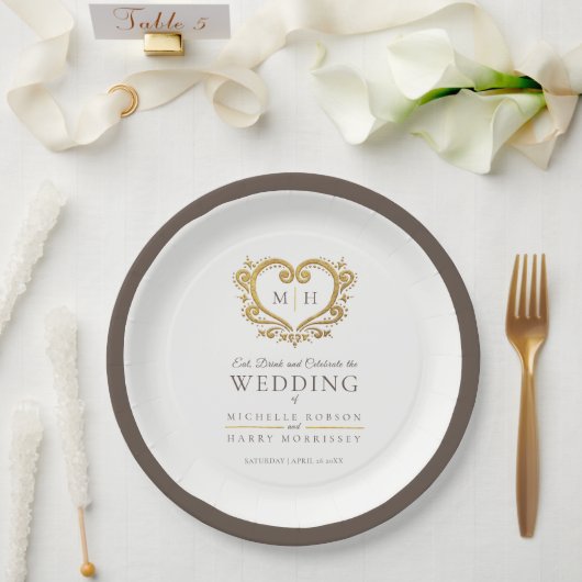 Gouden hart bruine krans monogram bruiloft papieren bordje (Huwelijk)