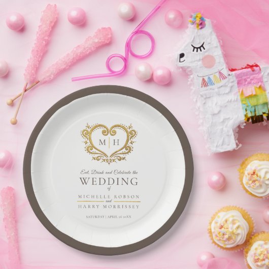Gouden hart bruine krans monogram bruiloft papieren bordje (Feest)