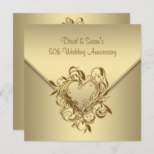 Gouden Hart Elegant Goud 50ste Huwelijksverjaardag Kaart (Voorkant / Achterkant)