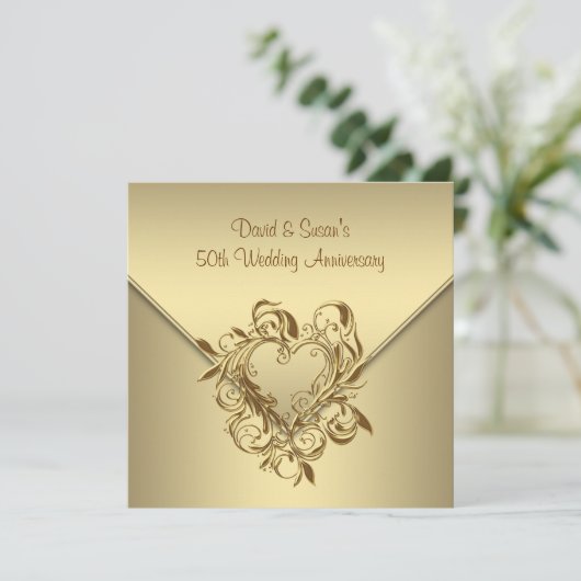 Gouden Hart Elegant Goud 50ste Huwelijksverjaardag Kaart (Staand voorkant)