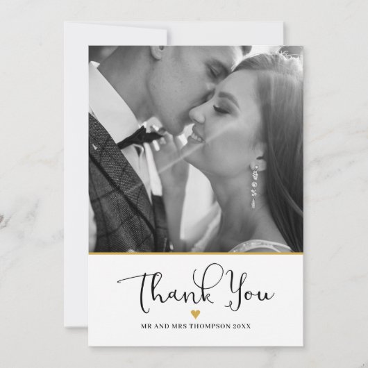 Gouden Hart Elegante Script Trouwfoto Bedankkaart (Voorkant)