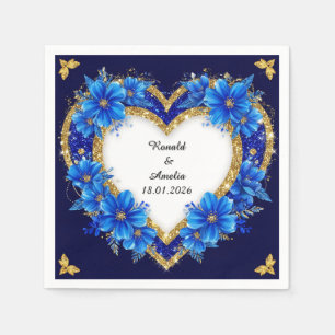 Gouden Hart En Blauwe Bloemen Voor Feestelijke Dec Servet