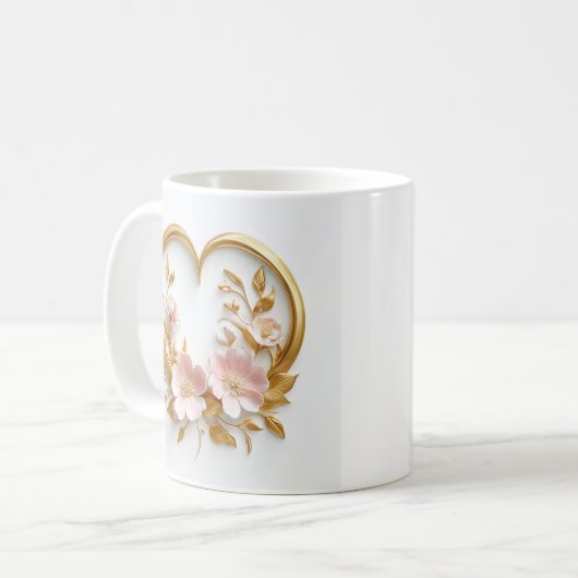 Gouden hart en delicate roze bloemen koffiemok (Voorkant links)
