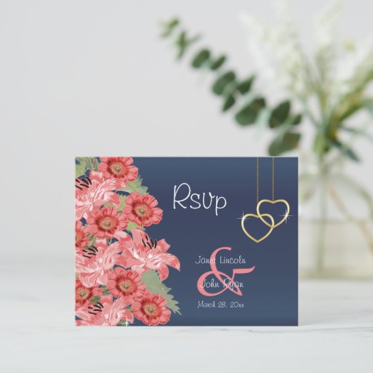 Gouden Hart en Koraal Bloemen - RSVP Briefkaart (Staand voorkant)