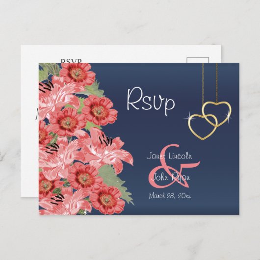 Gouden Hart en Koraal Bloemen - RSVP Briefkaart (Voorkant / Achterkant)