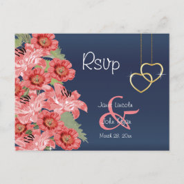 Gouden Hart en Koraal Bloemen - RSVP Briefkaart