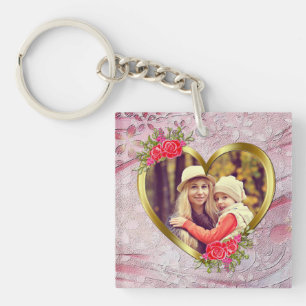 Gouden Hart En Mooie Rozen Bloemen Sleutelhanger