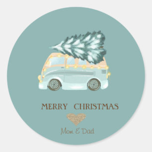 Gouden Hart,Groene Truck Dennenboom Kerst Ronde Sticker