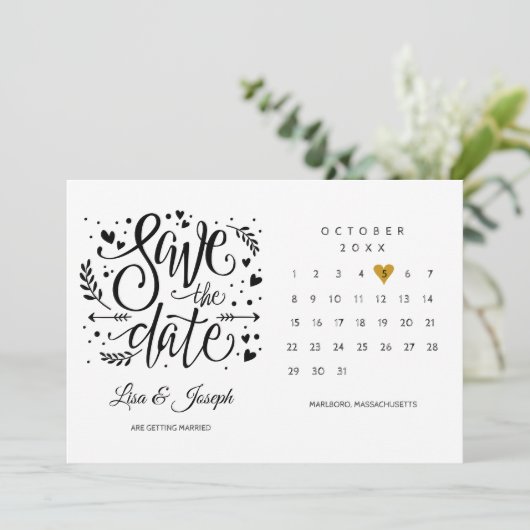 Gouden Hart Kalender Zwart en Wit Save The Date (Staand voorkant)