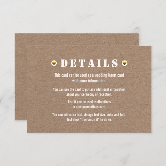 Gouden hart karton bruiloft details insert kaart (Voorkant / Achterkant)