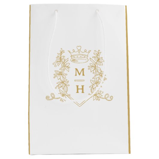 Gouden hart kroon kuif bladeren monogram bruiloft medium cadeauzakje (Voorkant)