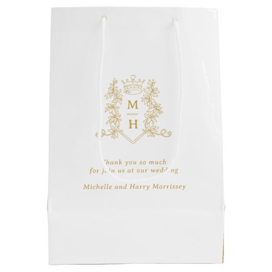 Gouden hart kroon kuif bladeren monogram bruiloft medium cadeauzakje (Achterkant)