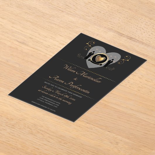 Gouden Hart Mannelijke Huwelijk Acryl Uitnodigingen (Laagn)