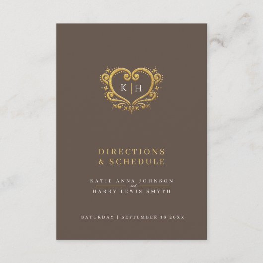 Gouden hart monogram bruiloft routebeschrijving sc informatiekaartje (Voorkant)
