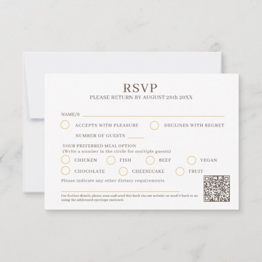 Gouden hart monogram bruine maaltijd optie bruilof RSVP kaartje (Achterkant)