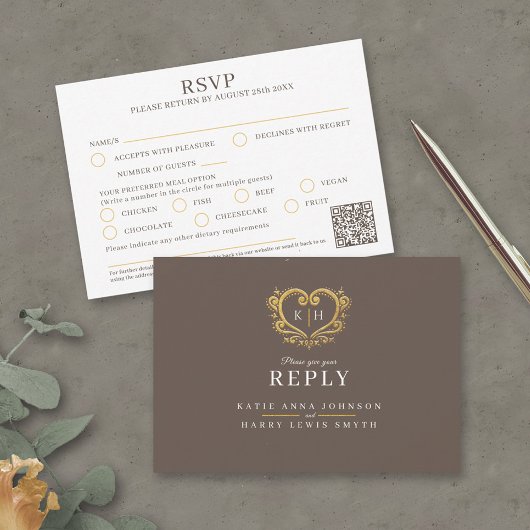 Gouden hart monogram bruine maaltijd optie bruilof RSVP kaartje