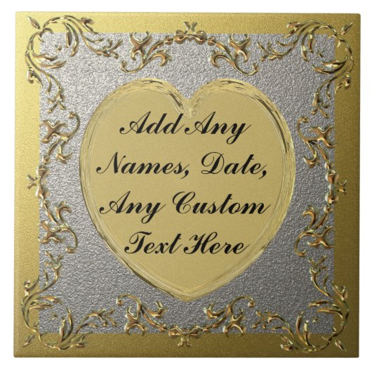 Gouden Hart Op Decoratieve Gouden & Zilveren Grens Tegeltje (Voorkant)