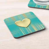 Gouden Hart op Turquoise Plaid Drankjes Onderzetter (Linkerzijde)