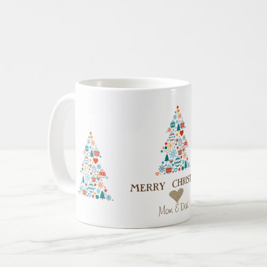 Gouden Hart, Pine Tree Kleurrijke Ballen Kerstmis Koffiemok (Voorkant links)
