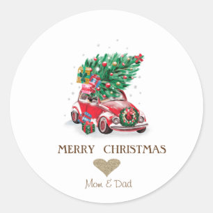 Gouden Hart, Rode Auto Dennenen Kerstmis Ronde Sticker