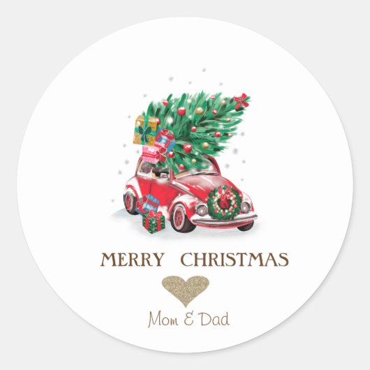 Gouden Hart, Rode Auto Pijnbomen Kerstmis Ronde Sticker (Voorkant)