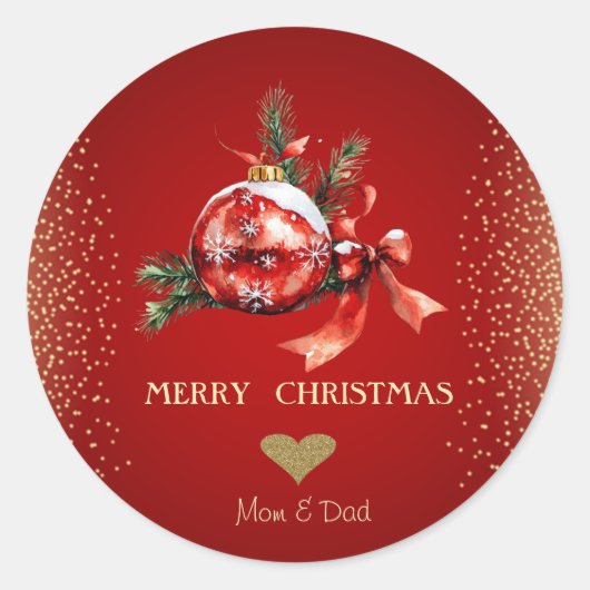 Gouden Hart, Rode Kerstbal Bow Ronde Sticker (Voorkant)