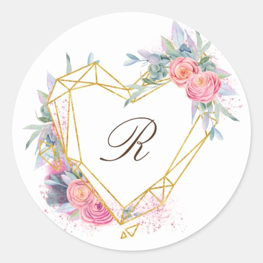 gouden hart roze bloem elegant monogram ronde sticker (Voorkant)