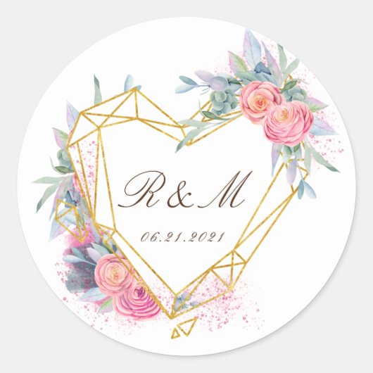 Gouden Hart Roze Bloemen Elegant Save The Date Ronde Sticker (Voorkant)