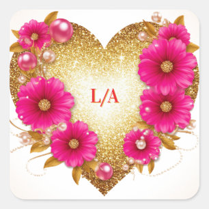 🌿 Gouden Hart Roze Bloemen Romantische Cadeauverp Vierkante Sticker